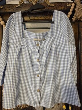 Sunny Leigh Blue Gingham Button-Front Square Neck Top